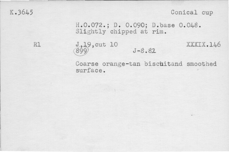 Index card with typed and handwritten information, sometimes including a sketch, of pottery from an excavation.