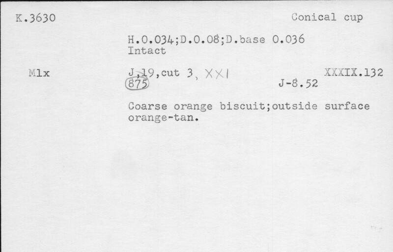 Index card with typed and handwritten information, sometimes including a sketch, of pottery from an excavation.