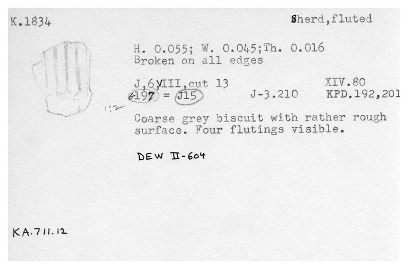 Index card with typed and handwritten information, sometimes including a sketch, of pottery from an excavation.
