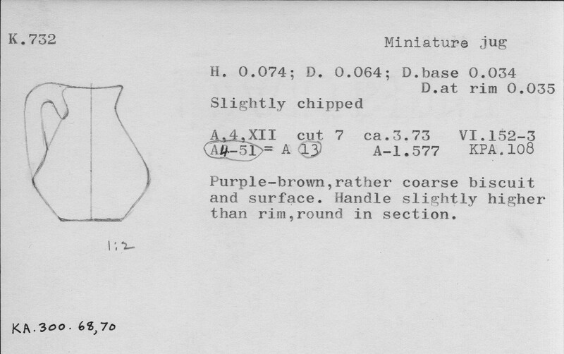 Index card with typed and handwritten information, sometimes including a sketch, of pottery from an excavation.