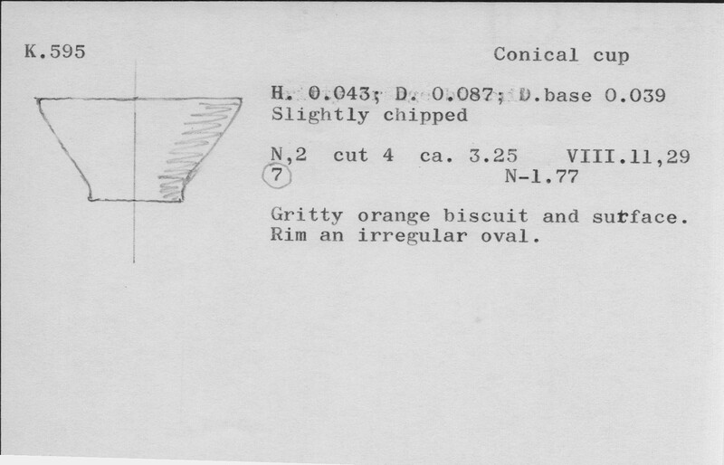 Index card with typed and handwritten information, sometimes including a sketch, of pottery from an excavation.