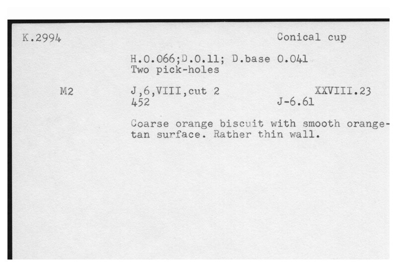Index card with typed and handwritten information, sometimes including a sketch, of pottery from an excavation.