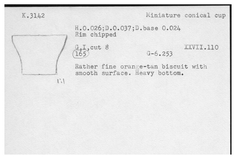 Index card with typed and handwritten information, sometimes including a sketch, of pottery from an excavation.