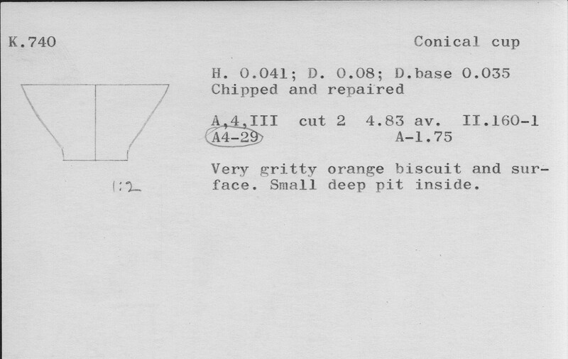 Index card with typed and handwritten information, sometimes including a sketch, of pottery from an excavation.