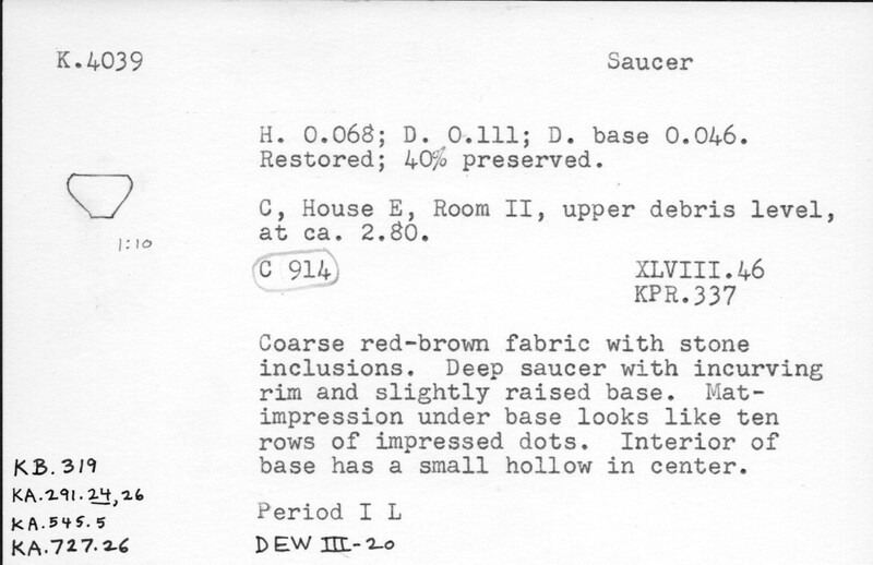 Index card with typed and handwritten information, sometimes including a sketch, of pottery from an excavation.