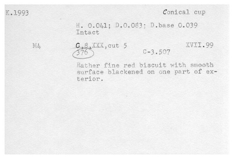 Index card with typed and handwritten information, sometimes including a sketch, of pottery from an excavation.
