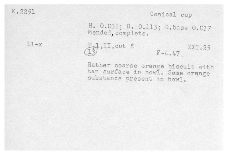Index card with typed and handwritten information, sometimes including a sketch, of pottery from an excavation.