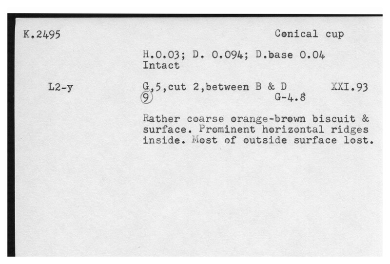 Index card with typed and handwritten information, sometimes including a sketch, of pottery from an excavation.