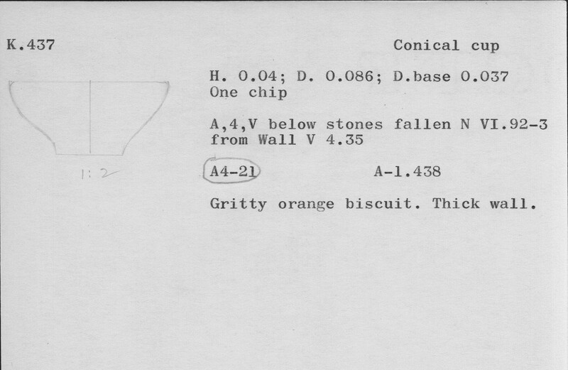 Index card with typed and handwritten information, sometimes including a sketch, of pottery from an excavation.