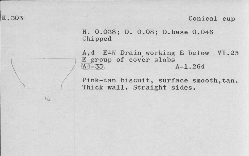 Index card with typed and handwritten information, sometimes including a sketch, of pottery from an excavation.