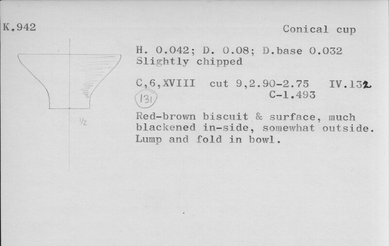 Index card with typed and handwritten information, sometimes including a sketch, of pottery from an excavation.