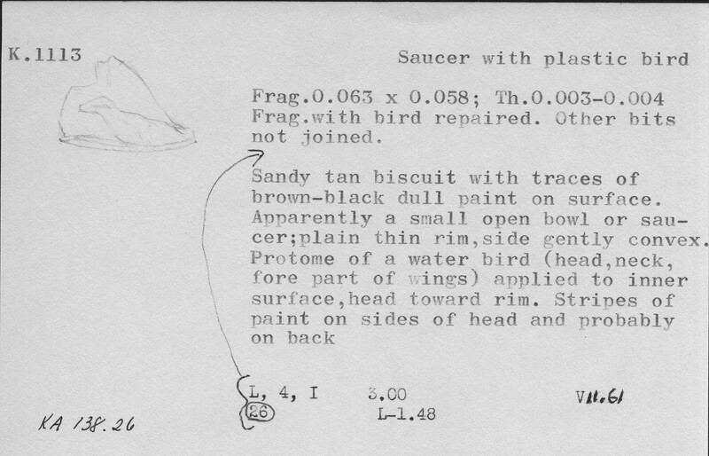 Index card with typed and handwritten information, sometimes including a sketch, of pottery from an excavation.