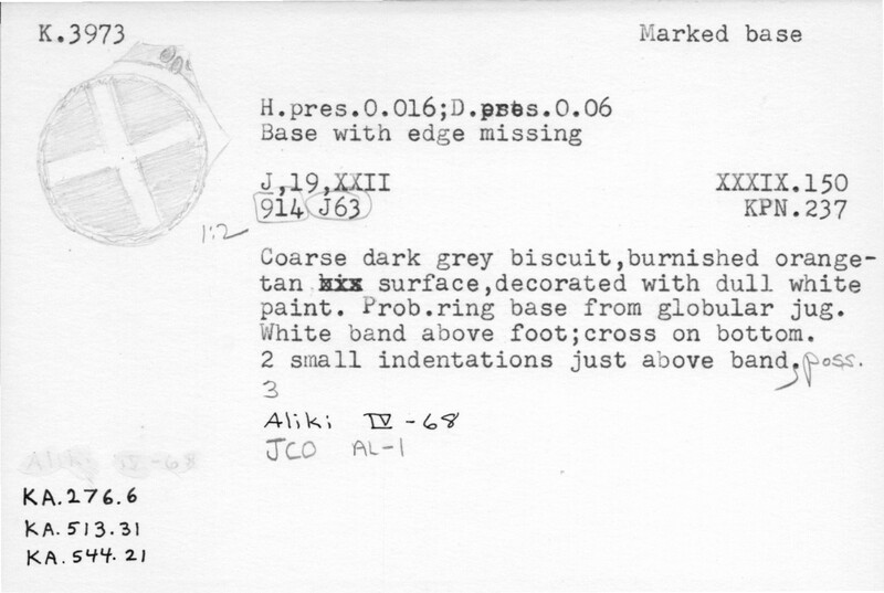 Index card with typed and handwritten information, sometimes including a sketch, of pottery from an excavation.