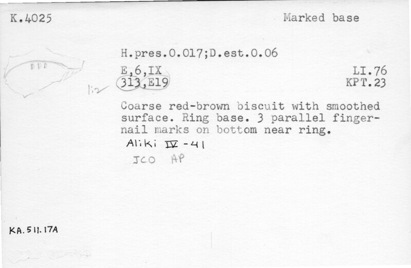 Index card with typed and handwritten information, sometimes including a sketch, of pottery from an excavation.