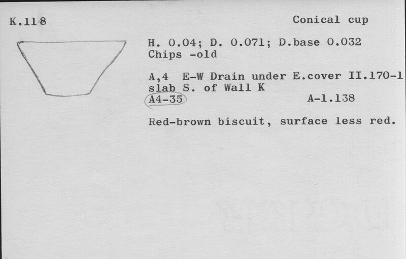 Index card with typed and handwritten information, sometimes including a sketch, of pottery from an excavation.