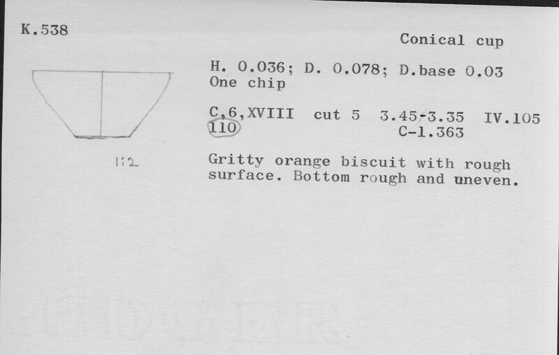 Index card with typed and handwritten information, sometimes including a sketch, of pottery from an excavation.