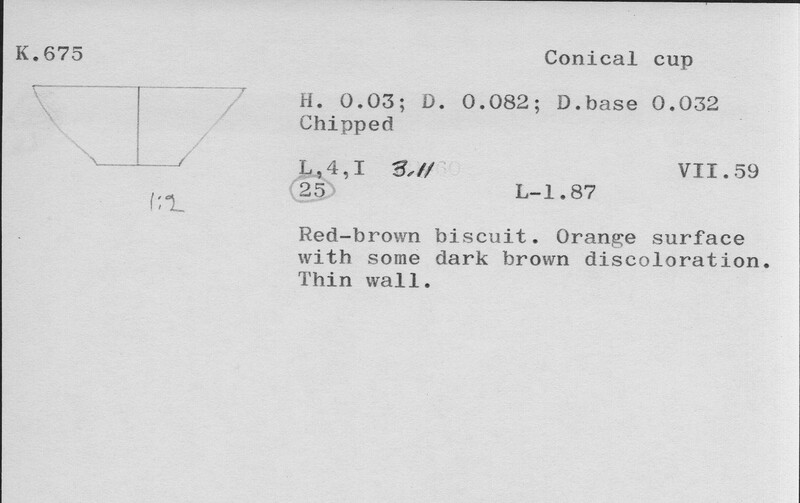 Index card with typed and handwritten information, sometimes including a sketch, of pottery from an excavation.