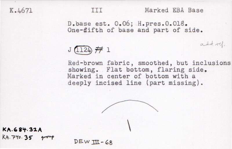 Index card with typed and handwritten information, sometimes including a sketch, of pottery from an excavation.