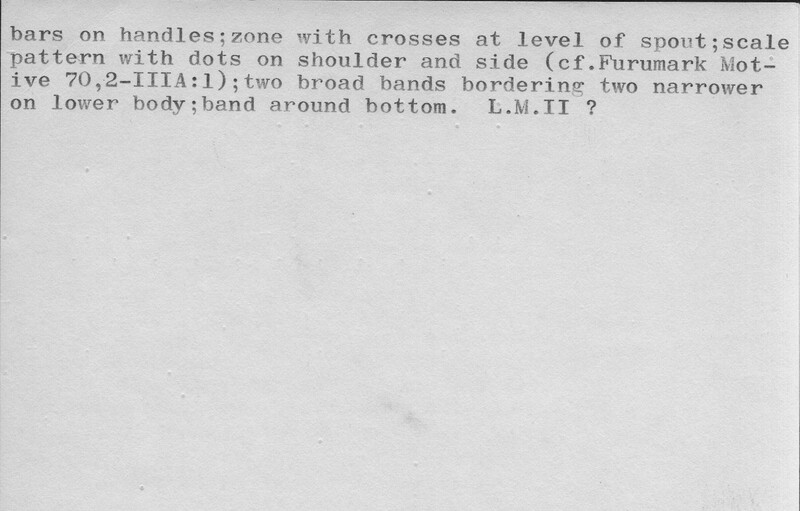 Index card with typed and handwritten information, sometimes including a sketch, of pottery from an excavation.
