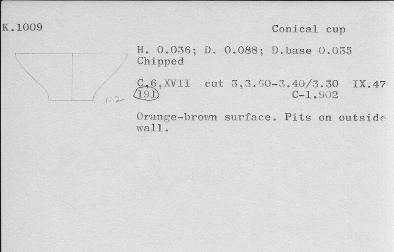 Index card with typed and handwritten information, sometimes including a sketch, of pottery from an excavation.
