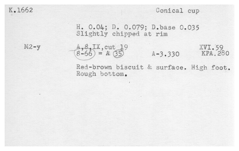 Index card with typed and handwritten information, sometimes including a sketch, of pottery from an excavation.