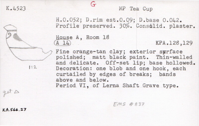 Index card with typed and handwritten information, sometimes including a sketch, of pottery from an excavation.