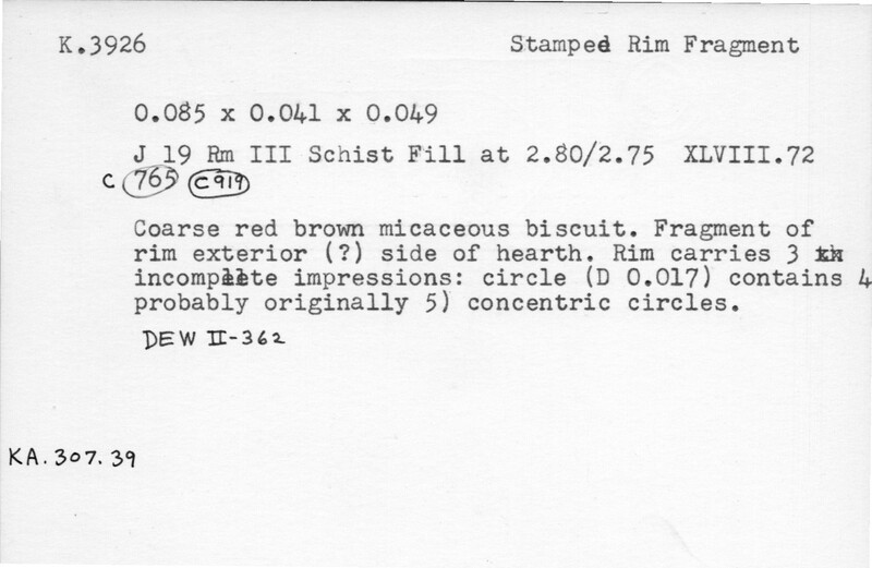 Index card with typed and handwritten information, sometimes including a sketch, of pottery from an excavation.