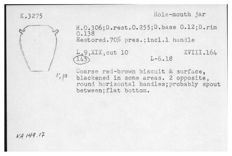 Index card with typed and handwritten information, sometimes including a sketch, of pottery from an excavation.
