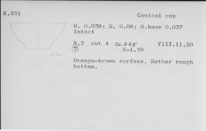 Index card with typed and handwritten information, sometimes including a sketch, of pottery from an excavation.