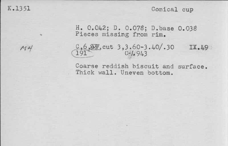 Index card with typed and handwritten information, sometimes including a sketch, of pottery from an excavation.