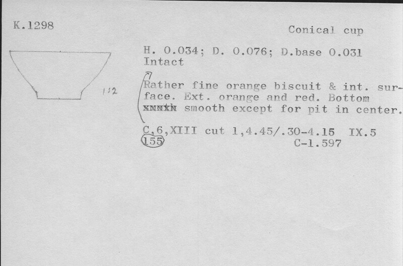 Index card with typed and handwritten information, sometimes including a sketch, of pottery from an excavation.