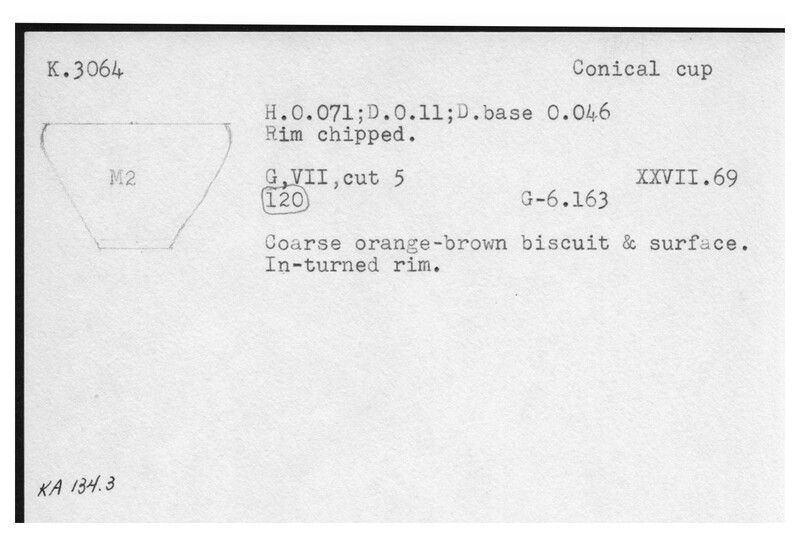Index card with typed and handwritten information, sometimes including a sketch, of pottery from an excavation.