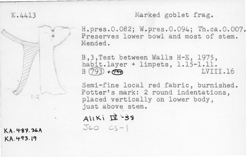 Index card with typed and handwritten information, sometimes including a sketch, of pottery from an excavation.