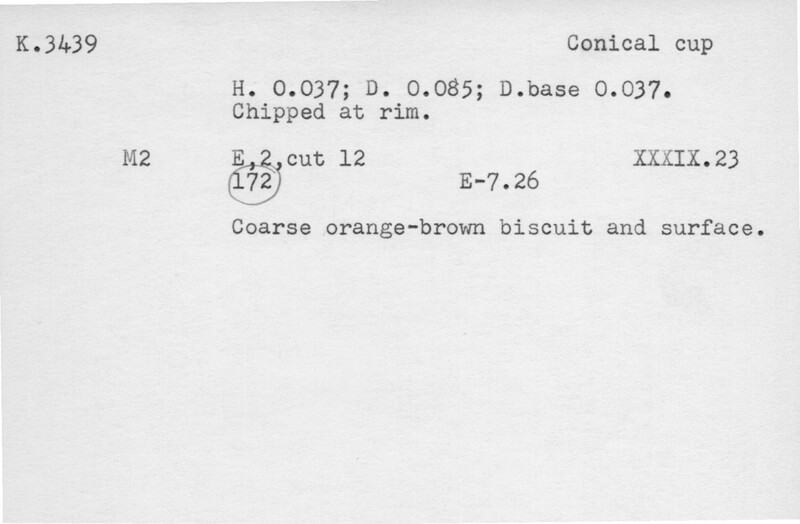 Index card with typed and handwritten information, sometimes including a sketch, of pottery from an excavation.
