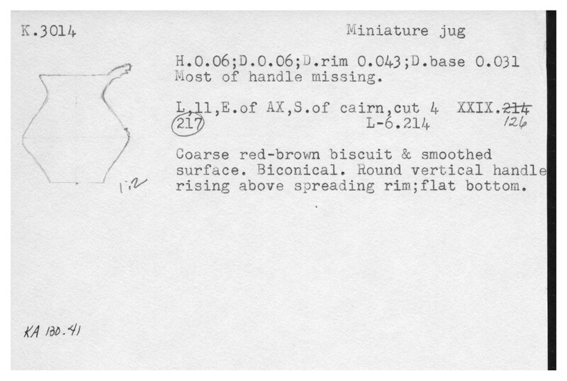 Index card with typed and handwritten information, sometimes including a sketch, of pottery from an excavation.