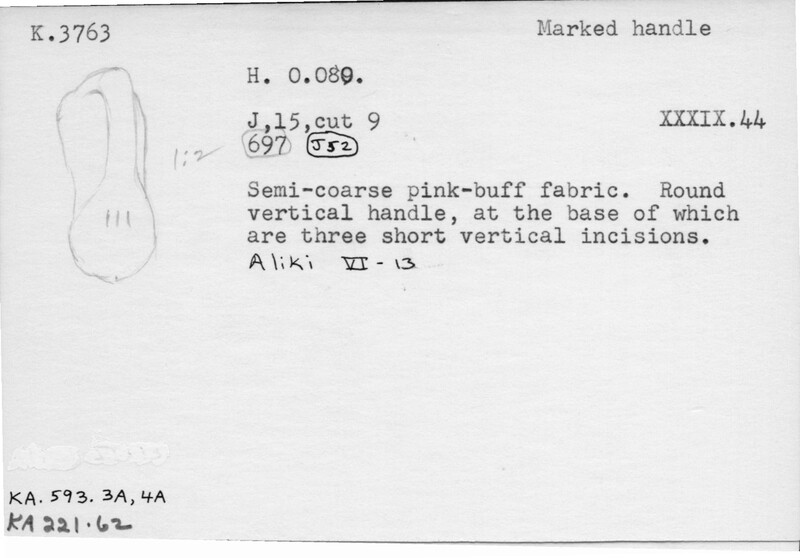 Index card with typed and handwritten information, sometimes including a sketch, of pottery from an excavation.
