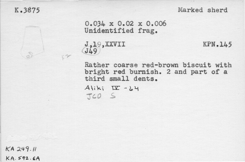 Index card with typed and handwritten information, sometimes including a sketch, of pottery from an excavation.