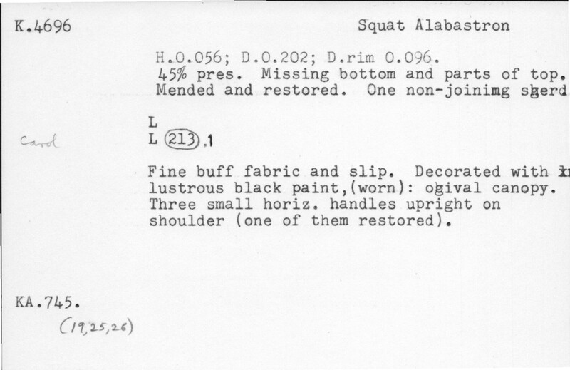 Index card with typed and handwritten information, sometimes including a sketch, of pottery from an excavation.