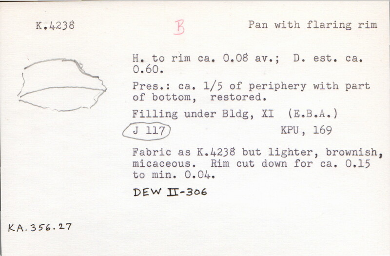 Index card with typed and handwritten information, sometimes including a sketch, of pottery from an excavation.