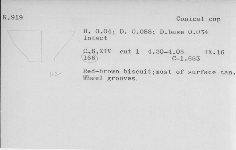 Index card with typed and handwritten information, sometimes including a sketch, of pottery from an excavation.