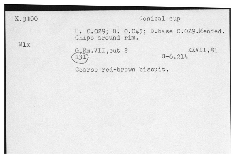 Index card with typed and handwritten information, sometimes including a sketch, of pottery from an excavation.