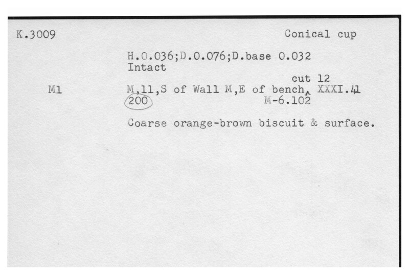 Index card with typed and handwritten information, sometimes including a sketch, of pottery from an excavation.