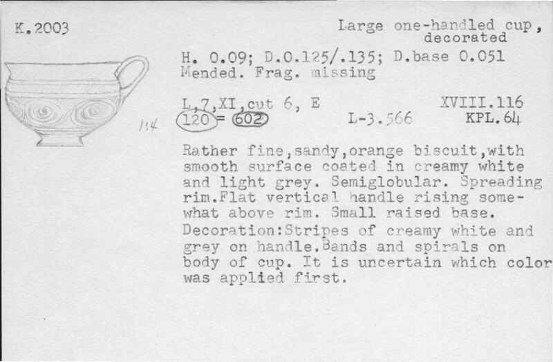 Index card with typed and handwritten information, sometimes including a sketch, of pottery from an excavation.
