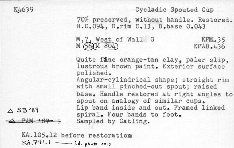Index card with typed and handwritten information, sometimes including a sketch, of pottery from an excavation.
