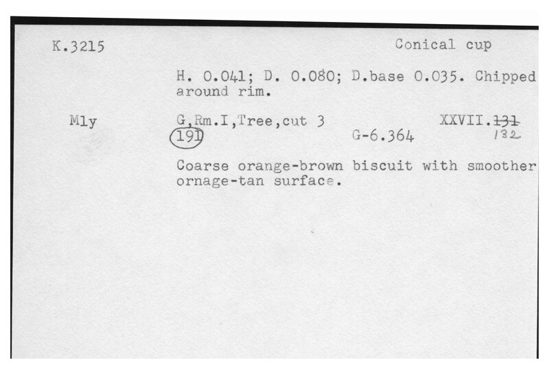 Index card with typed and handwritten information, sometimes including a sketch, of pottery from an excavation.