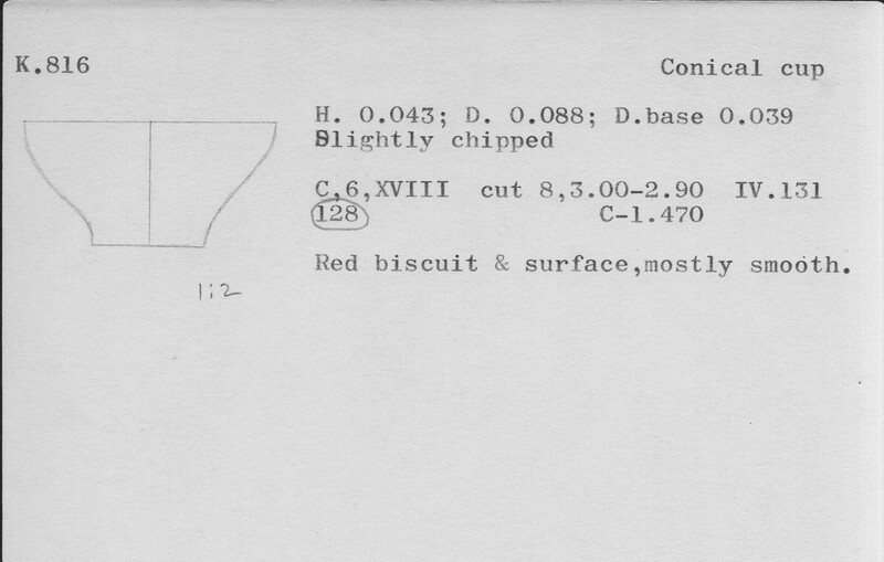 Index card with typed and handwritten information, sometimes including a sketch, of pottery from an excavation.