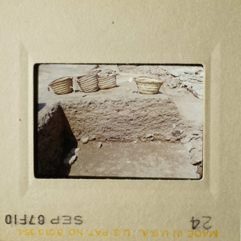 Two photos showing an archaeological site with artifacts and a stone foundation.