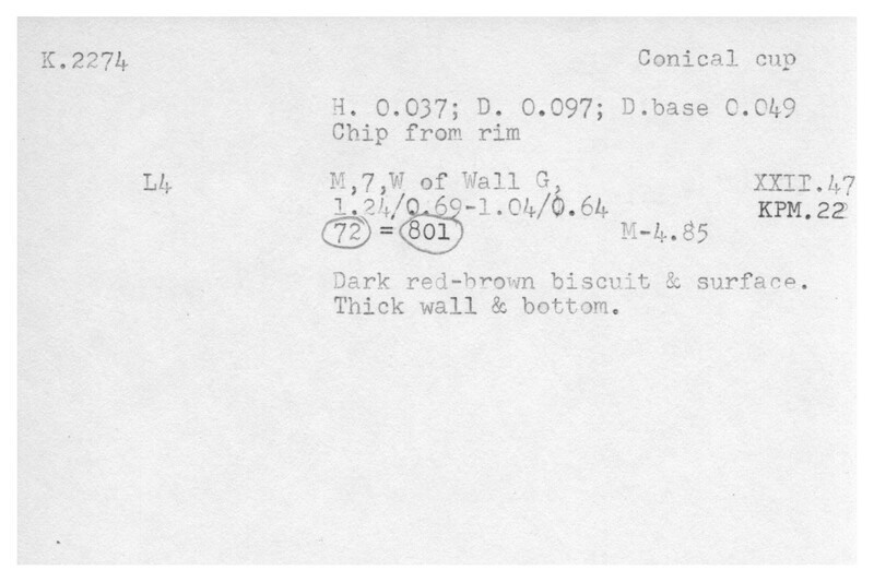 Index card with typed and handwritten information, sometimes including a sketch, of pottery from an excavation.