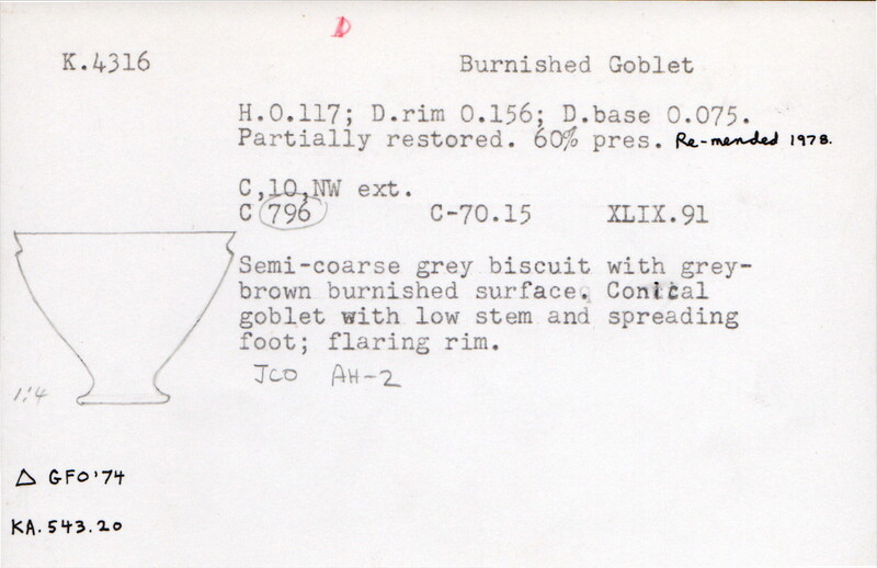 Index card with typed and handwritten information, sometimes including a sketch, of pottery from an excavation.