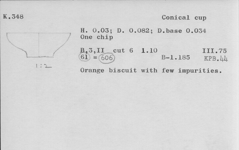 Index card with typed and handwritten information, sometimes including a sketch, of pottery from an excavation.